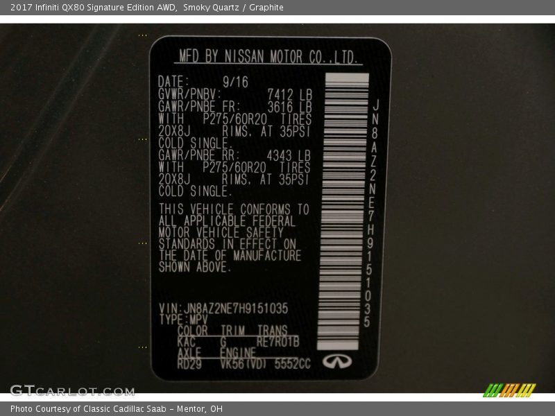 Smoky Quartz / Graphite 2017 Infiniti QX80 Signature Edition AWD