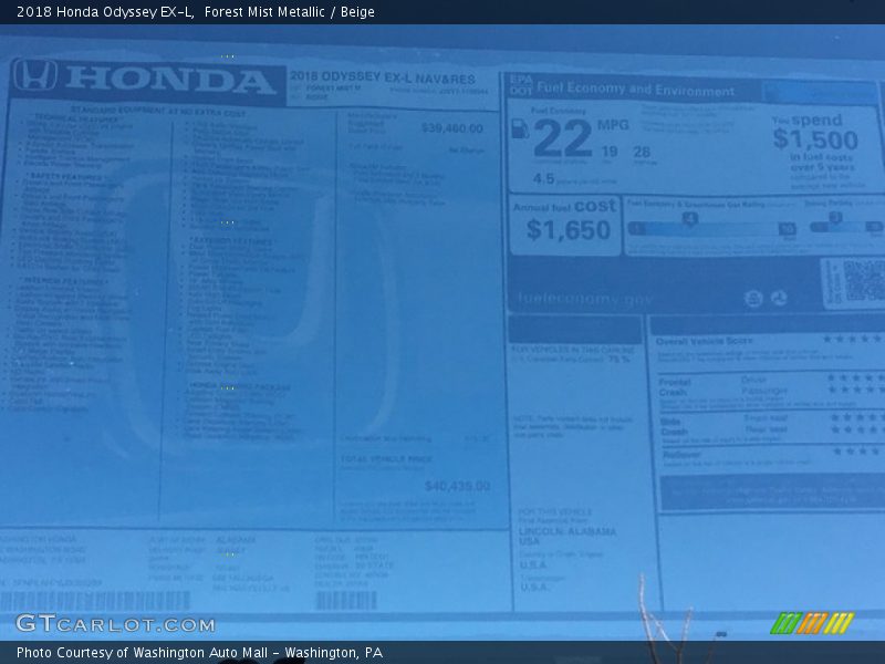 Forest Mist Metallic / Beige 2018 Honda Odyssey EX-L