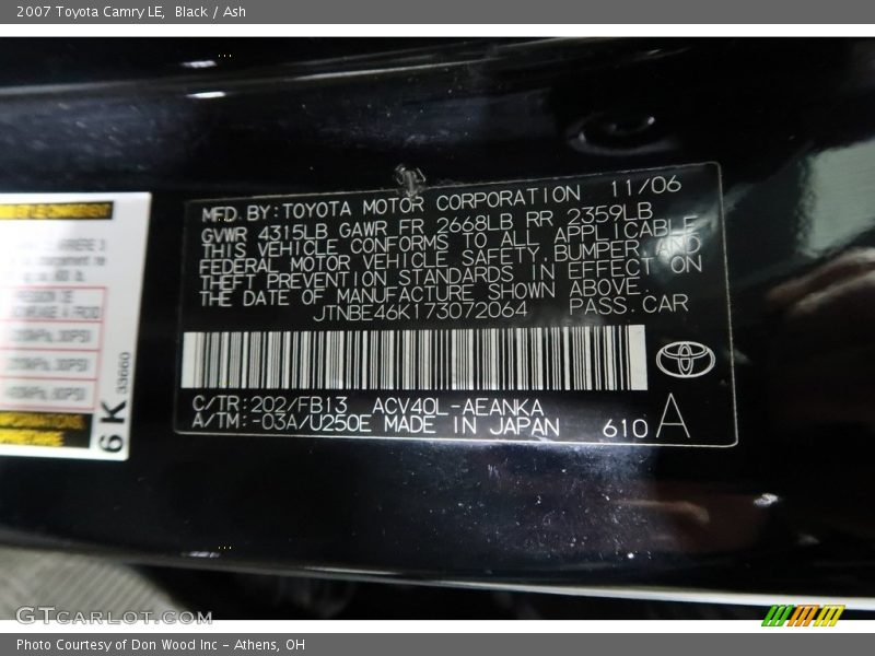Black / Ash 2007 Toyota Camry LE