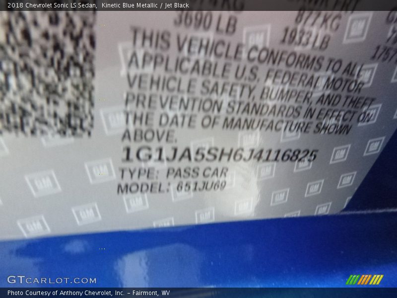 Kinetic Blue Metallic / Jet Black 2018 Chevrolet Sonic LS Sedan