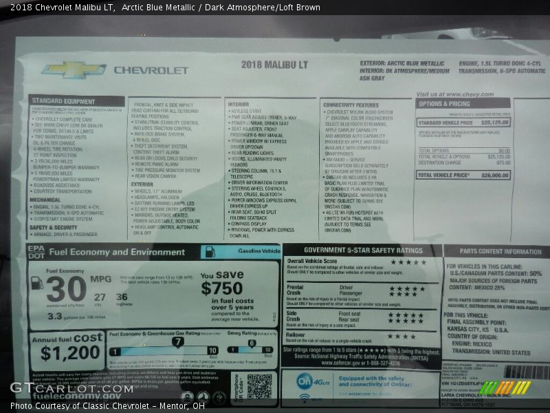 Arctic Blue Metallic / Dark Atmosphere/Loft Brown 2018 Chevrolet Malibu LT