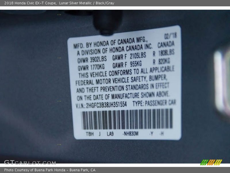 Lunar Silver Metallic / Black/Gray 2018 Honda Civic EX-T Coupe