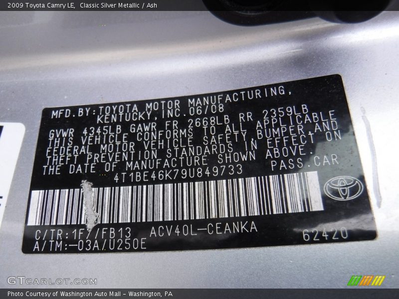 Classic Silver Metallic / Ash 2009 Toyota Camry LE