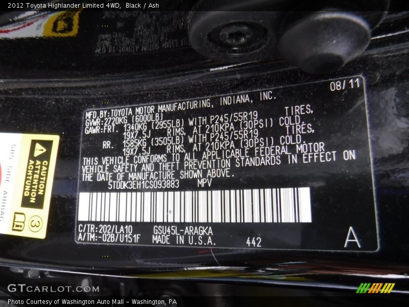 Black / Ash 2012 Toyota Highlander Limited 4WD