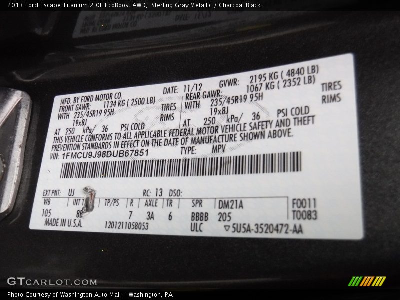 Sterling Gray Metallic / Charcoal Black 2013 Ford Escape Titanium 2.0L EcoBoost 4WD