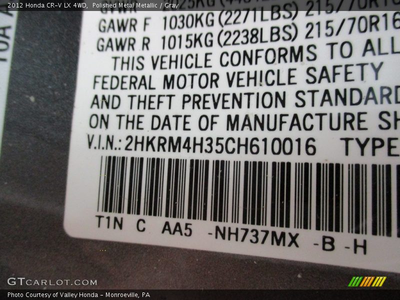Polished Metal Metallic / Gray 2012 Honda CR-V LX 4WD