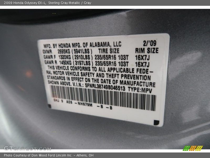 Sterling Gray Metallic / Gray 2009 Honda Odyssey EX-L