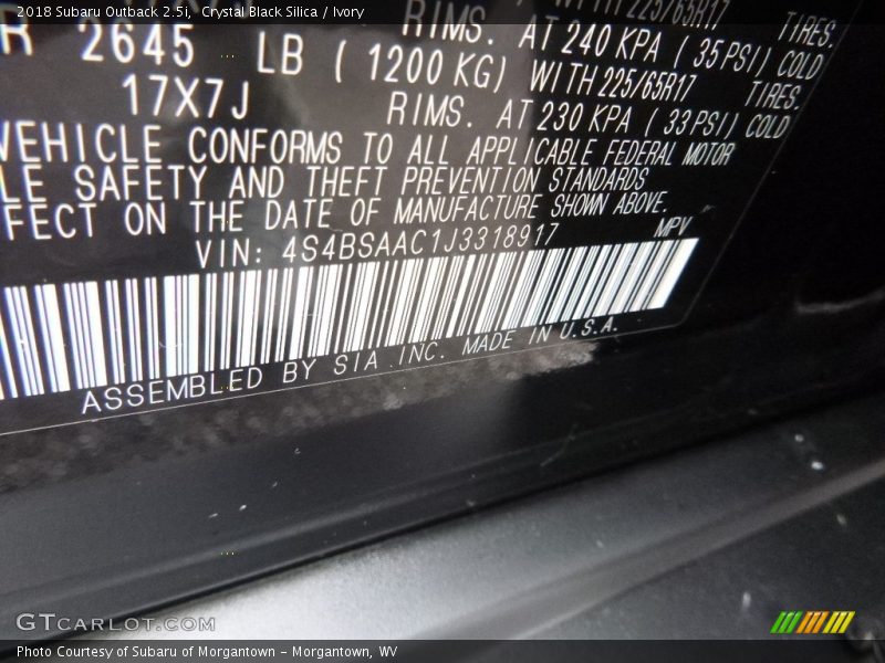 Crystal Black Silica / Ivory 2018 Subaru Outback 2.5i