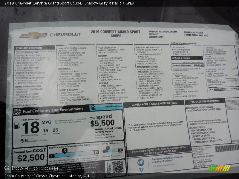 Shadow Gray Metallic / Gray 2019 Chevrolet Corvette Grand Sport Coupe