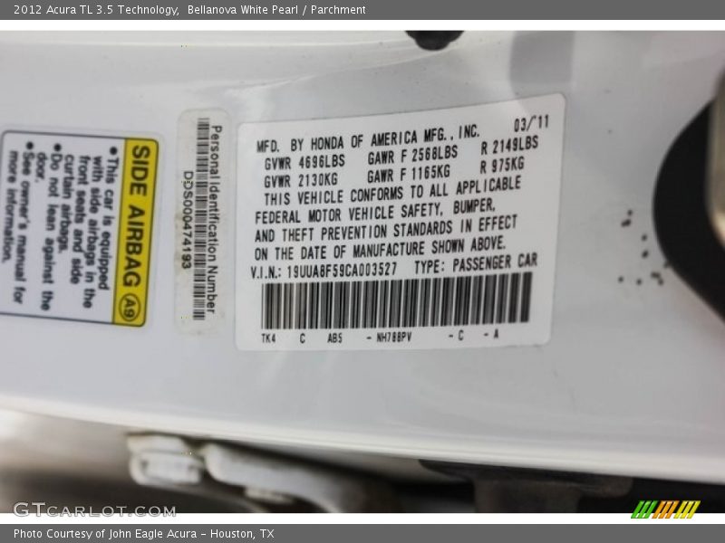 Bellanova White Pearl / Parchment 2012 Acura TL 3.5 Technology