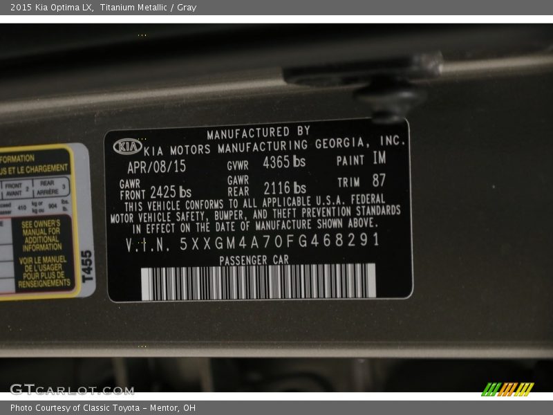 Titanium Metallic / Gray 2015 Kia Optima LX