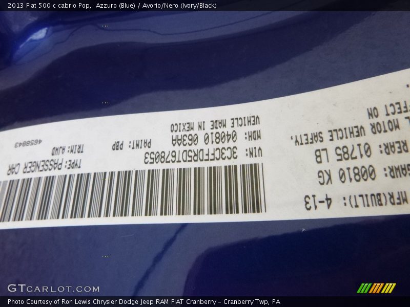 2013 500 c cabrio Pop Azzuro (Blue) Color Code PBP