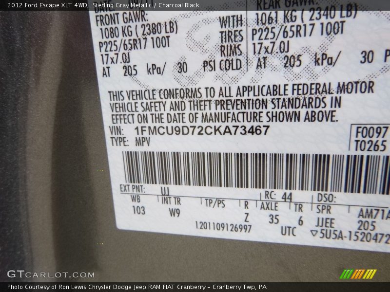 Sterling Gray Metallic / Charcoal Black 2012 Ford Escape XLT 4WD