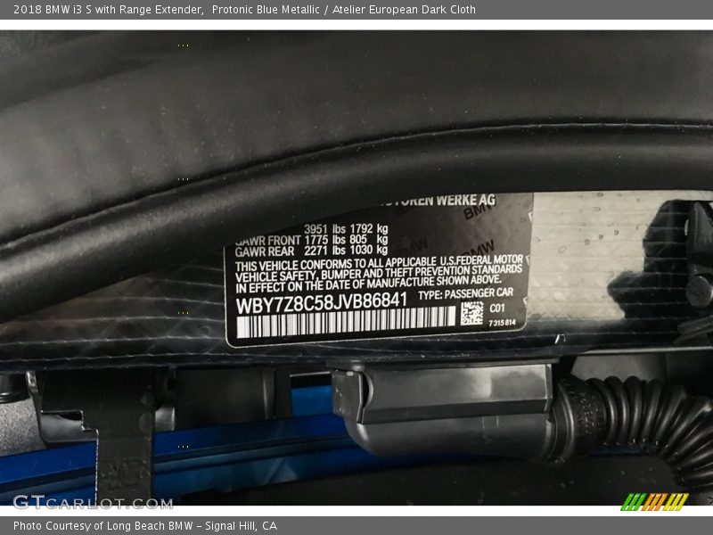 Protonic Blue Metallic / Atelier European Dark Cloth 2018 BMW i3 S with Range Extender