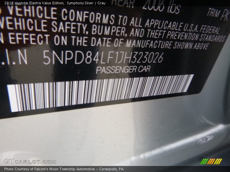 Symphony Silver / Gray 2018 Hyundai Elantra Value Edition