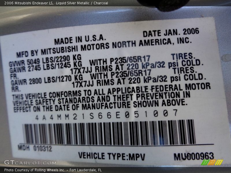 Liquid Silver Metallic / Charcoal 2006 Mitsubishi Endeavor LS