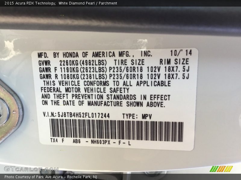 White Diamond Pearl / Parchment 2015 Acura RDX Technology