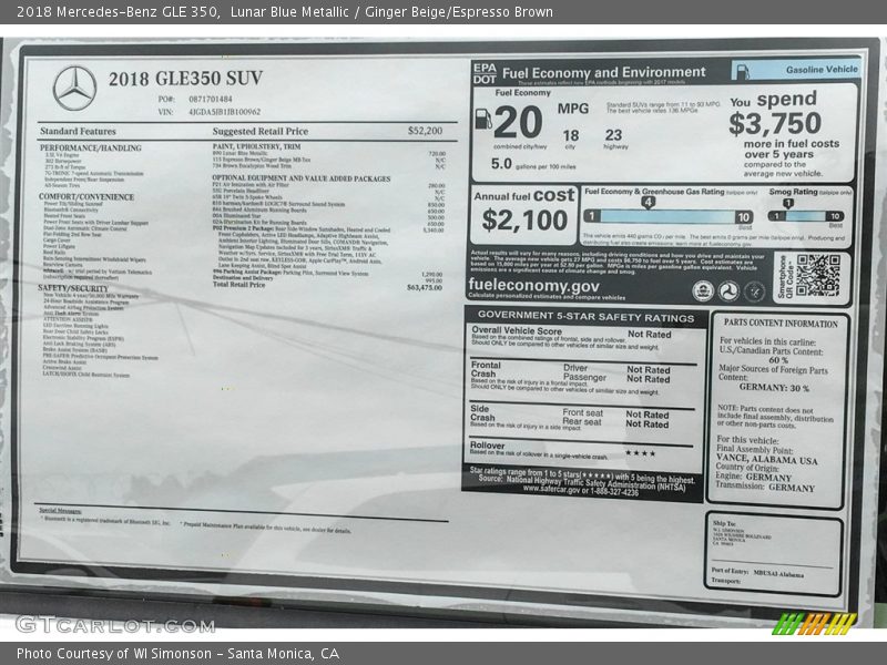 Lunar Blue Metallic / Ginger Beige/Espresso Brown 2018 Mercedes-Benz GLE 350