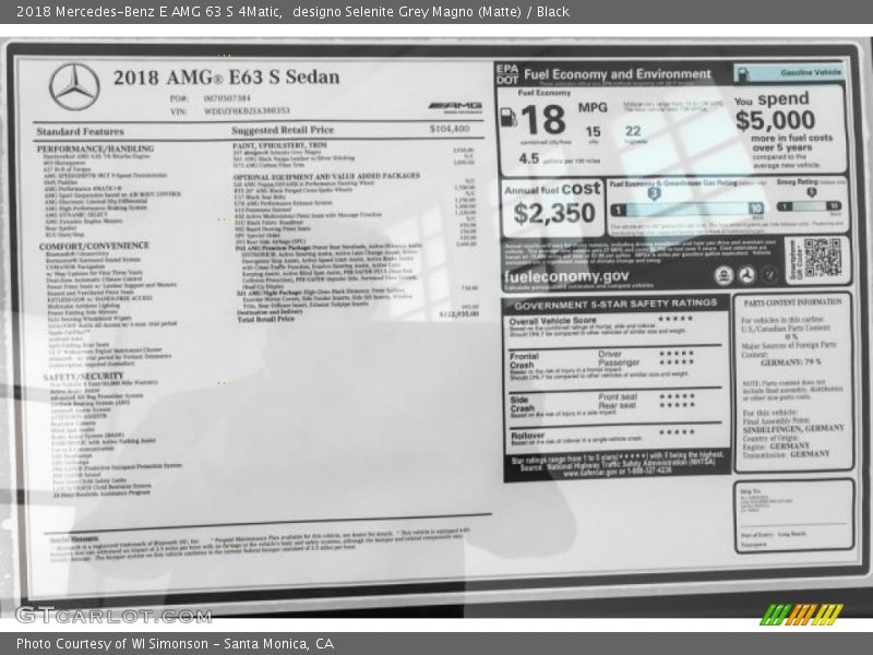  2018 E AMG 63 S 4Matic Window Sticker