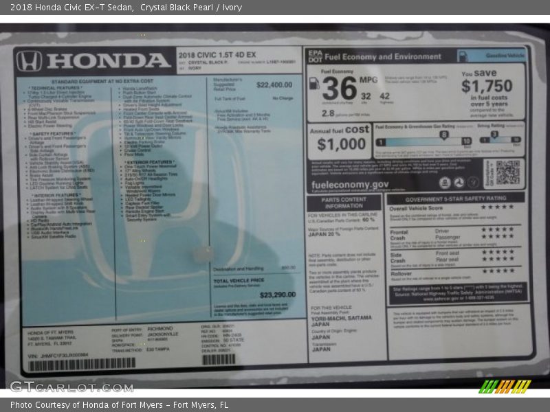 Crystal Black Pearl / Ivory 2018 Honda Civic EX-T Sedan