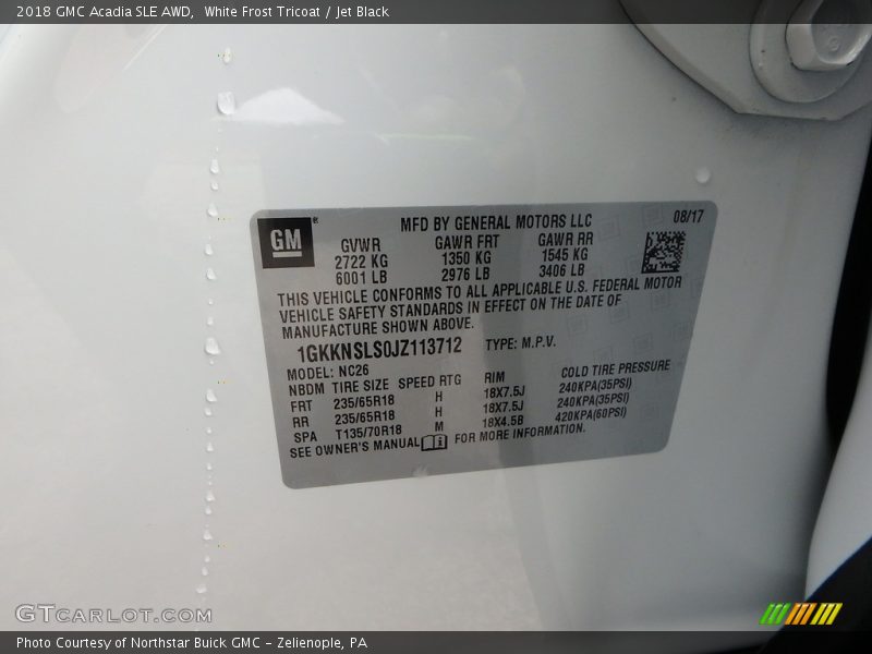White Frost Tricoat / Jet Black 2018 GMC Acadia SLE AWD