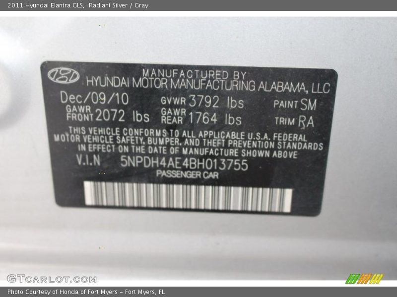 Radiant Silver / Gray 2011 Hyundai Elantra GLS