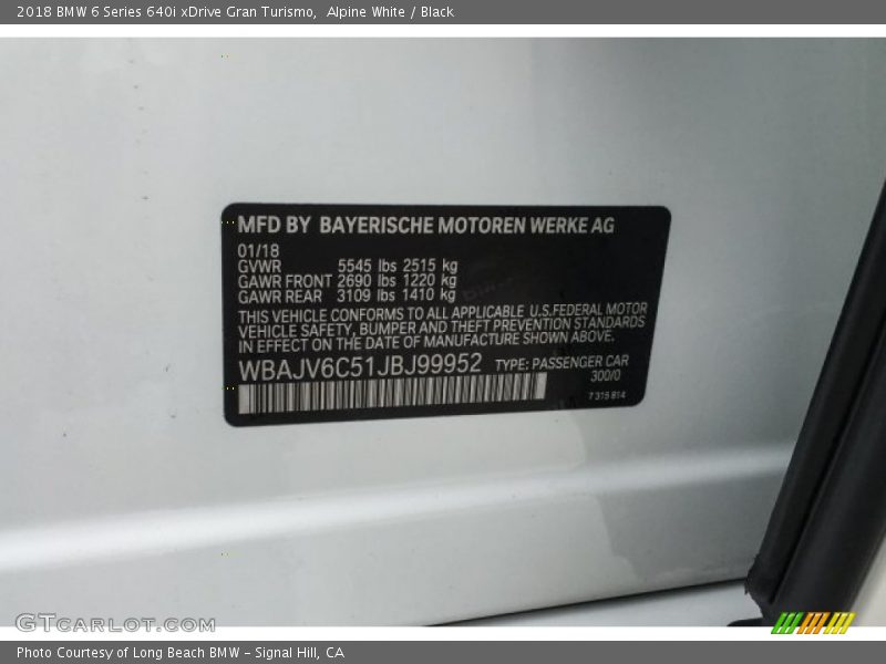 Alpine White / Black 2018 BMW 6 Series 640i xDrive Gran Turismo
