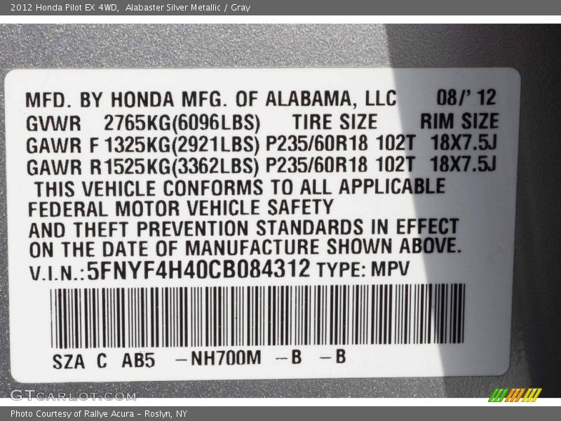 Alabaster Silver Metallic / Gray 2012 Honda Pilot EX 4WD