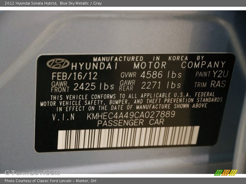 Blue Sky Metallic / Gray 2012 Hyundai Sonata Hybrid