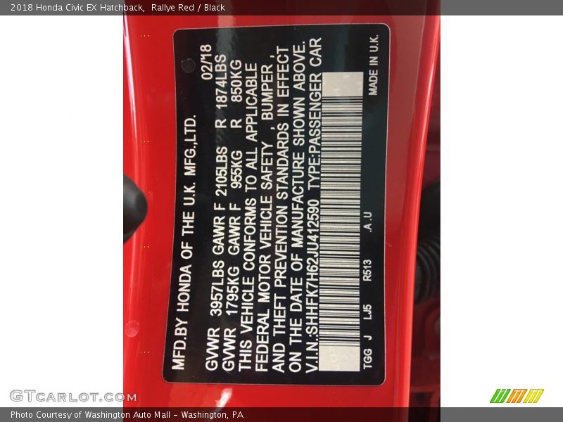 Rallye Red / Black 2018 Honda Civic EX Hatchback