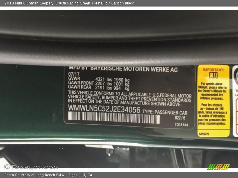 British Racing Green II Metallic / Carbon Black 2018 Mini Clubman Cooper