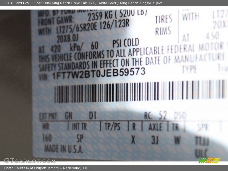 2018 F250 Super Duty King Ranch Crew Cab 4x4 White Gold Color Code GN