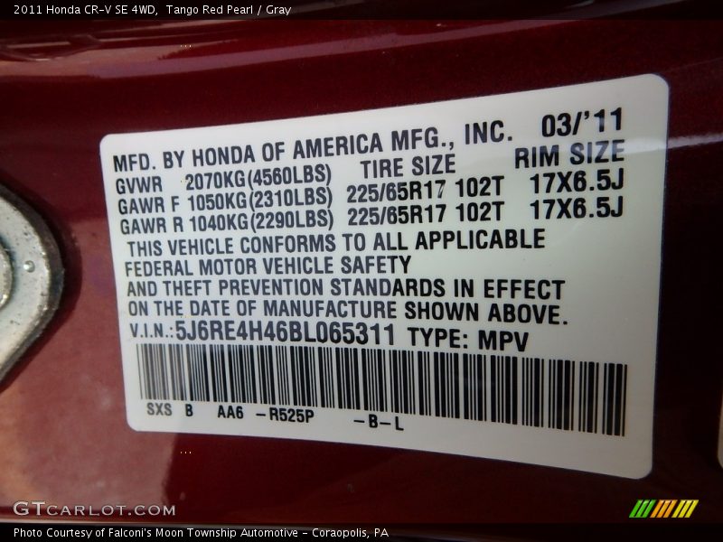 Tango Red Pearl / Gray 2011 Honda CR-V SE 4WD