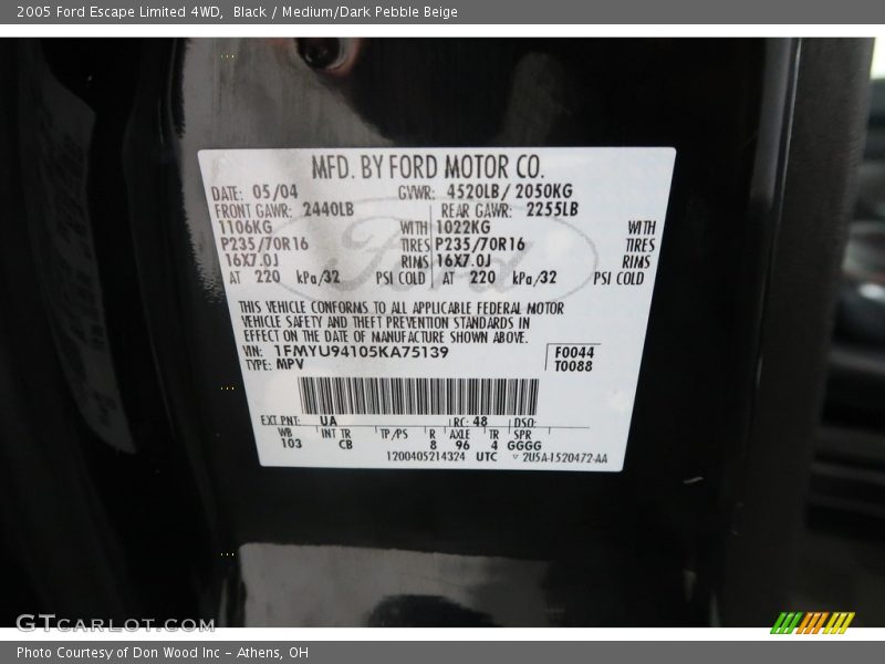 Black / Medium/Dark Pebble Beige 2005 Ford Escape Limited 4WD