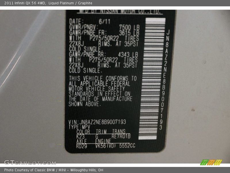 Liquid Platinum / Graphite 2011 Infiniti QX 56 4WD