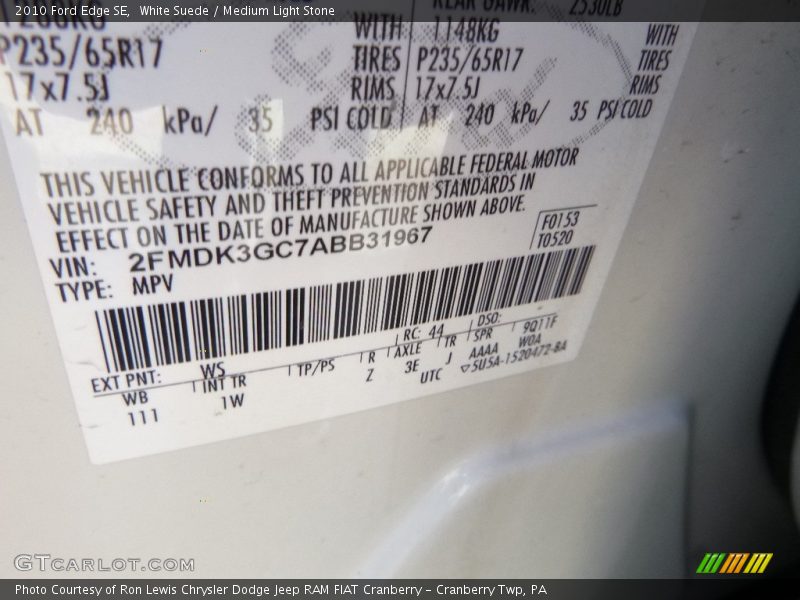 White Suede / Medium Light Stone 2010 Ford Edge SE