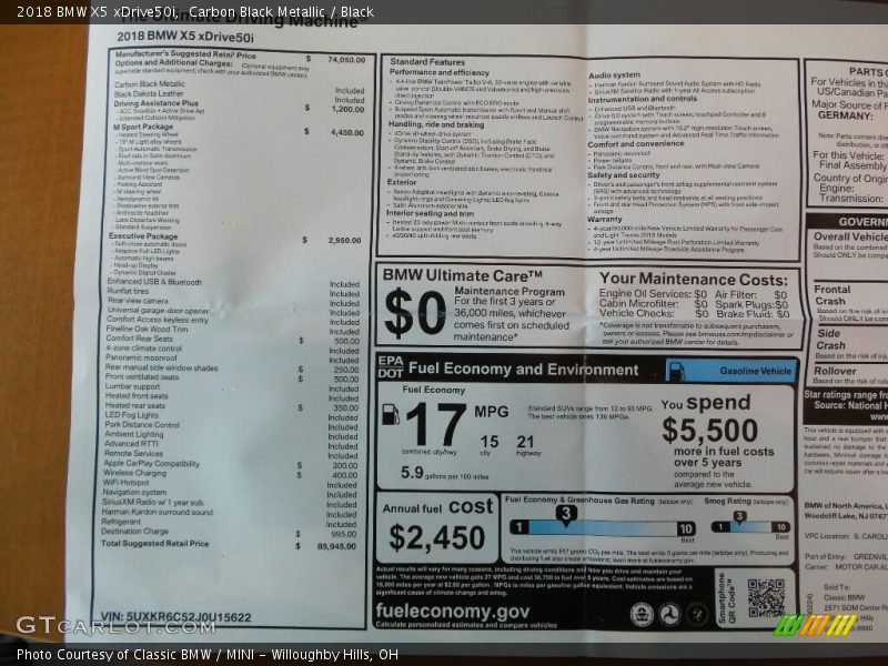 Carbon Black Metallic / Black 2018 BMW X5 xDrive50i