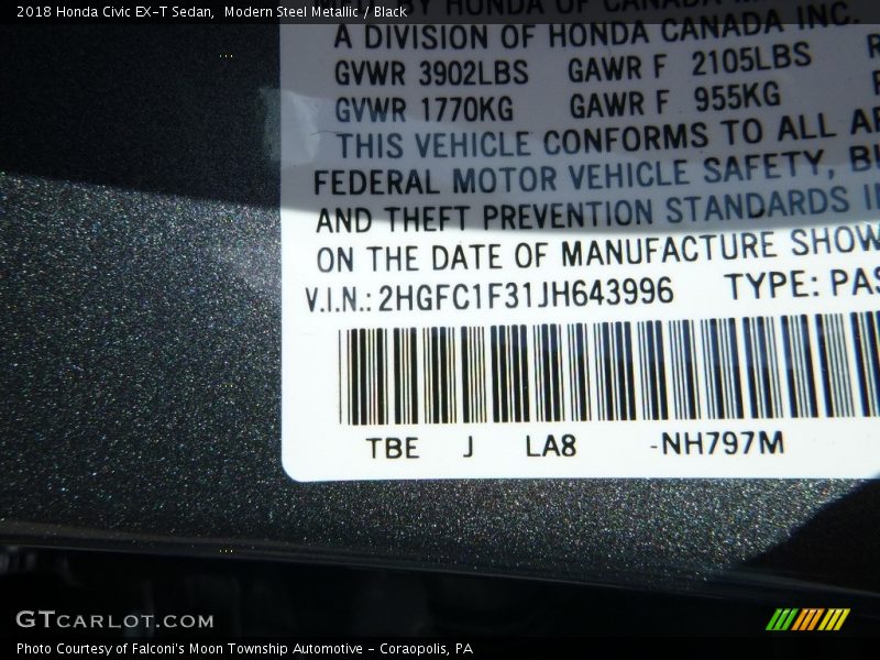 Modern Steel Metallic / Black 2018 Honda Civic EX-T Sedan