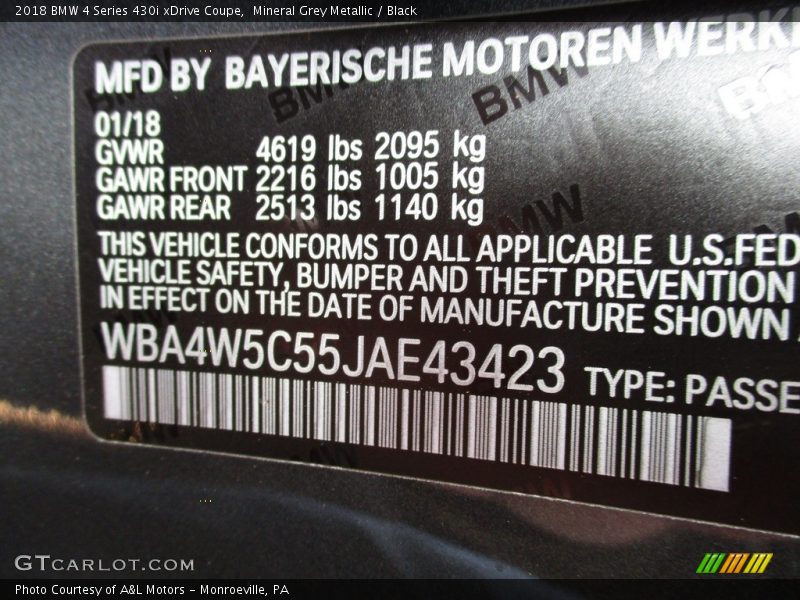 Mineral Grey Metallic / Black 2018 BMW 4 Series 430i xDrive Coupe