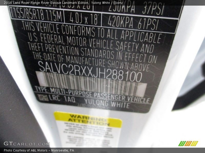 Yulong White / Ebony 2018 Land Rover Range Rover Evoque Landmark Edition
