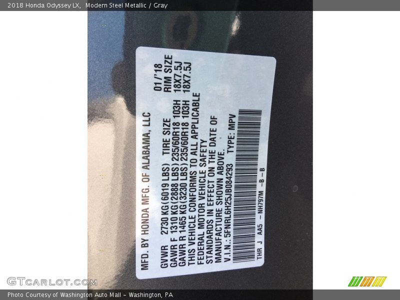 Modern Steel Metallic / Gray 2018 Honda Odyssey LX