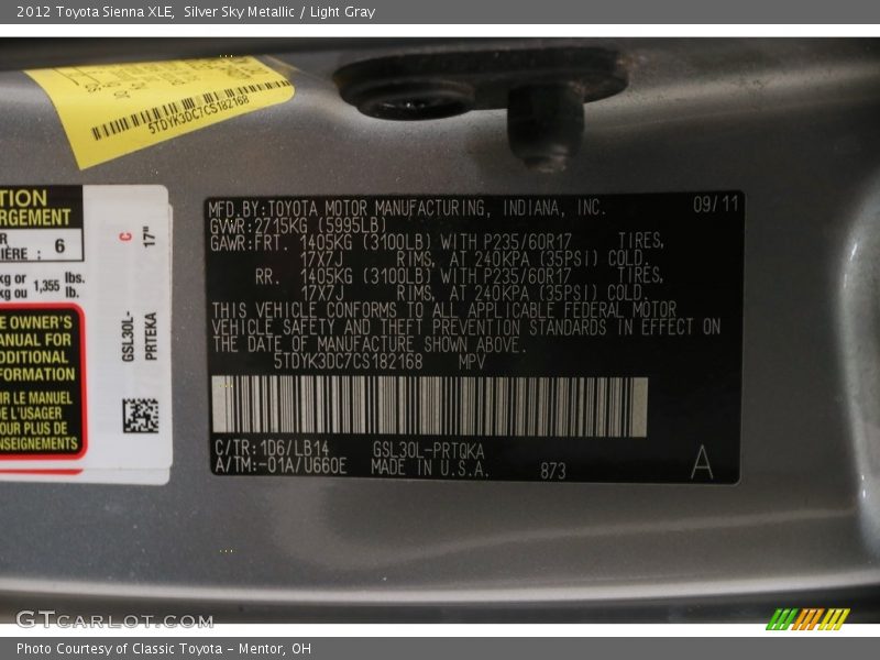 Silver Sky Metallic / Light Gray 2012 Toyota Sienna XLE