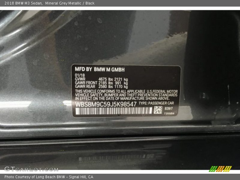 Mineral Grey Metallic / Black 2018 BMW M3 Sedan