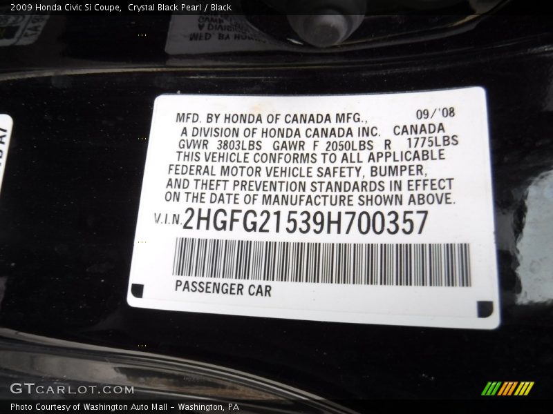 Crystal Black Pearl / Black 2009 Honda Civic Si Coupe