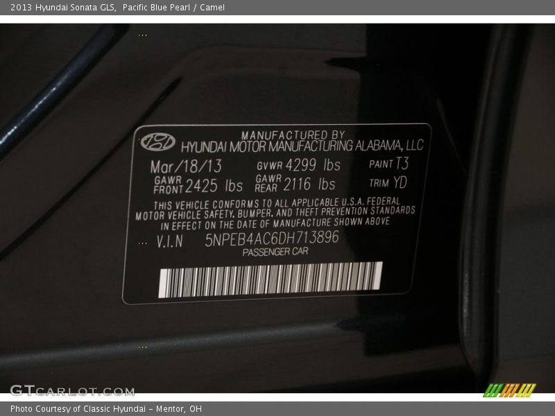 Pacific Blue Pearl / Camel 2013 Hyundai Sonata GLS