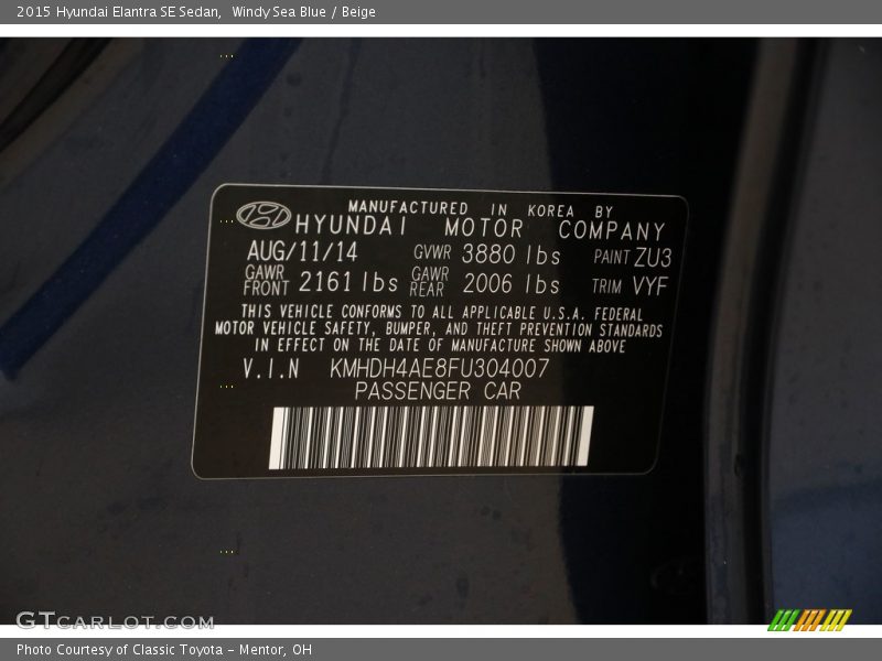 Windy Sea Blue / Beige 2015 Hyundai Elantra SE Sedan