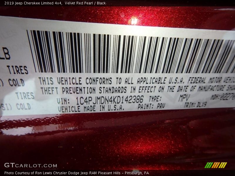 2019 Cherokee Limited 4x4 Velvet Red Pearl Color Code PRV