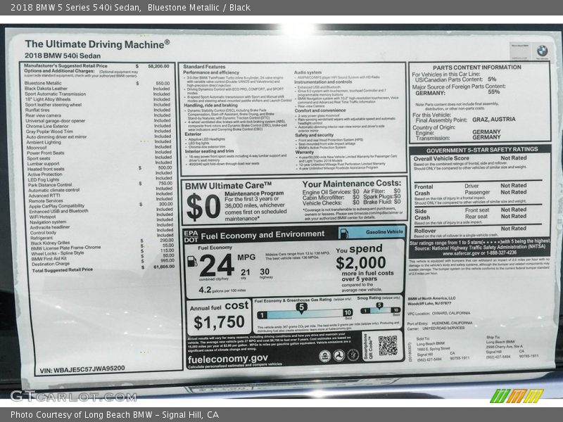  2018 5 Series 540i Sedan Window Sticker