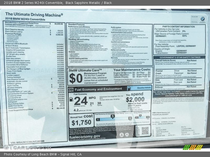  2018 2 Series M240i Convertible Window Sticker