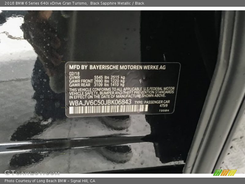 2018 6 Series 640i xDrive Gran Turismo Black Sapphire Metallic Color Code 475